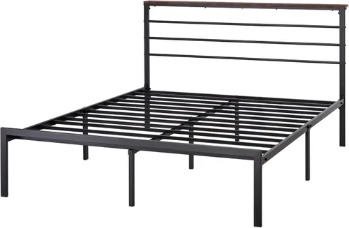 Vista 9 de SHA CERLIN Base de cama de tamaño matrimonial con estante de cabecera y base de metal resistente, no necesita somier, color marrón