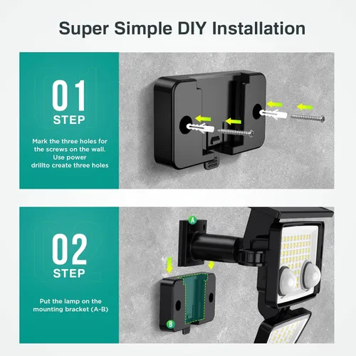 Vista 7 de Luces solares para exteriores – 3000 lm, 188 luces LED con sensor de movimiento, 4 cabezales IP65, luces de inundación de seguridad alimentadas a