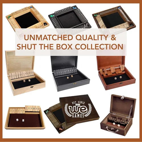 Vista 5 de WE Games Shut The Box Dice Game - Classic Table Top Board Game for Adults and Families, Old World Wooden Box, 8.75 in. Travel Size, Walnut Stained