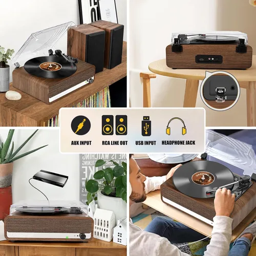 Vista 4 de Reproductor de discos de vinilo con altavoces, tocadiscos de 3 velocidades con Bluetooth, Aux, conector para auriculares, salida RCA y parada
