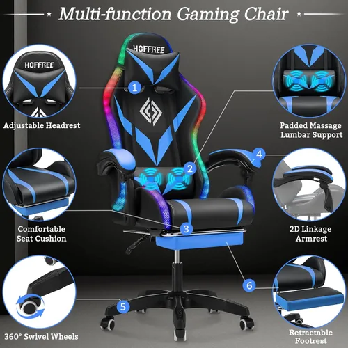 Vista 8 de RGB Gaming Chair with Massage and LED Lights Ergonomic Video Game Chairs with Footrest High Back Reclining Computer Chair with Adjustable Lumbar