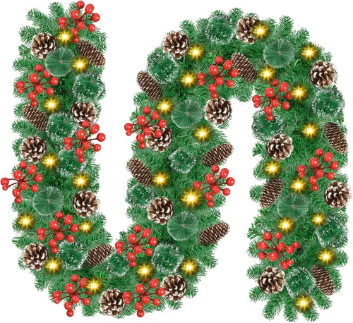 Vista 7 de Guirnalda de Navidad con luces: guirnalda iluminada de 9 pies con conos de pino bayas rojas, decoración navideña interior y exterior para chimenea