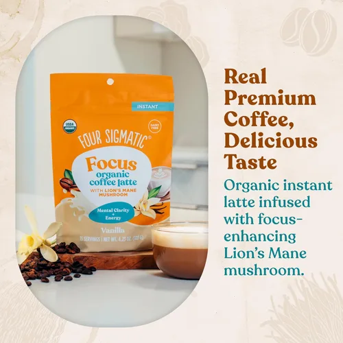 Vista 3 de Four Sigmatic Vanilla Focus - Café con leche de hongos a base de plantas con leche instantáneo orgánico con hongo de melena de león