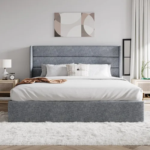 Vista 2 de SHA CERLIN Cama de almacenamiento elevable, cabecera moderna con respaldo alado, marco de cama tapizado, almacenamiento hidráulico, no necesita