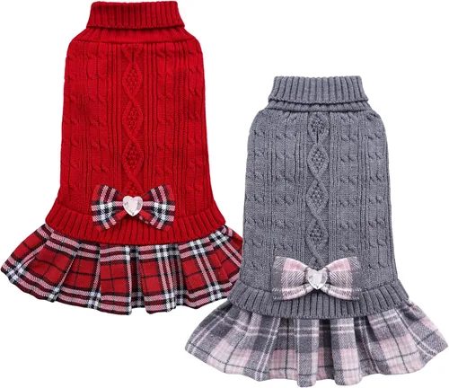 Vista 6 de YUDODO Vestido suéter para perro pequeño con corbata de cuello alto y lazo - Ropa de invierno tejida para perros hembras - Suéter cálido para Marrón