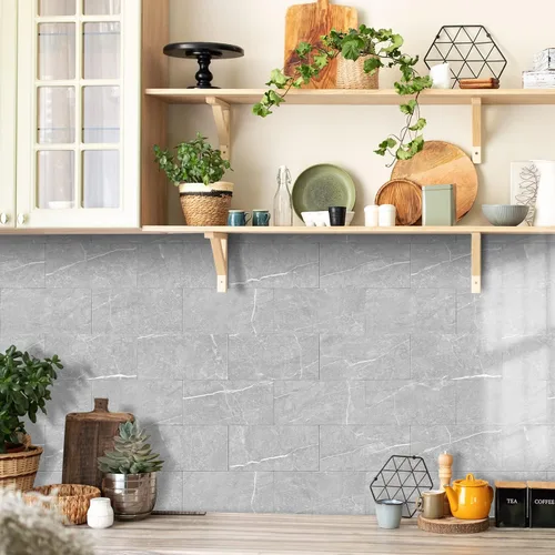 Vista 3 de 16 piezas de 4x8 pulgadas de azulejos de salpicaduras para pelar y pegar para cocina, baño, RV, engrosados con capa intermedia de espuma, gris