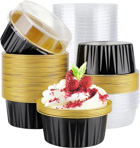 Vista 8 de EUSOAR Vasos de aluminio con tapas, 30 moldes desechables de papel de aluminio para muffins de 5 onzas, moldes para hornear, recipientes desechables