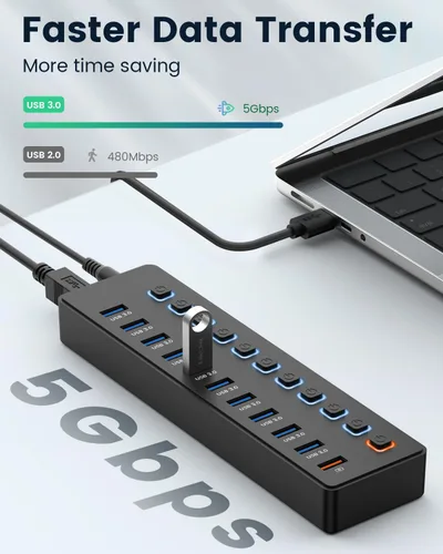 Vista 3 de Concentrador USB, concentrador USB alimentado, divisor de concentrador de 11 puertos, 10 puertos USB 3.0 de transferencia de datos + 1 puerto