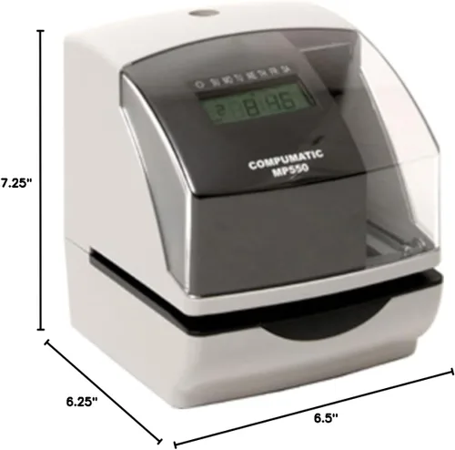 Vista 4 de COMPUMATIC Reloj electrónico MP550 y sello de fecha, construcción duradera y resistente, impresión personalizable, para nómina, seguimiento