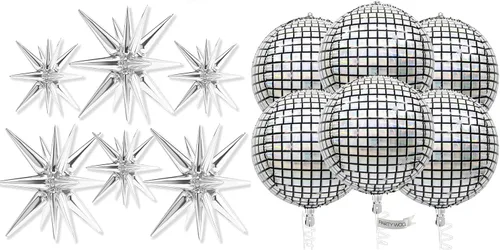 PartyWoo Globos de estrella plateada, 6 piezas y 6 globos de papel de aluminio plateado disco
