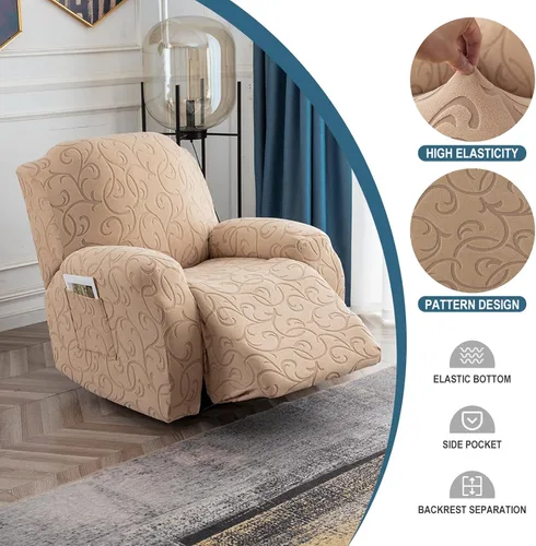 Vista 2 de 4 Piezas Funda para Sillón Reclinable Elástica Funda de Sofá, Funda de Sofá para Sofá Reclinable de 1 Asiento, Protector de Muebles Lavable con Caqui