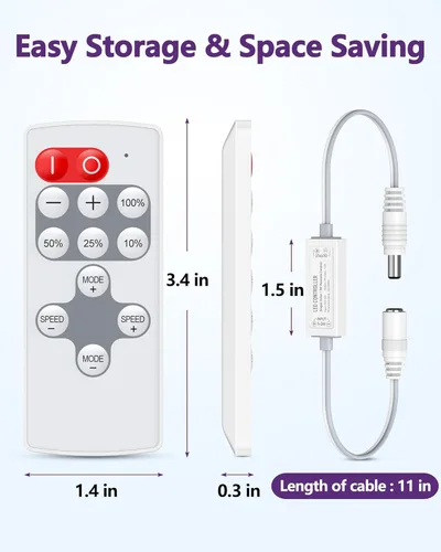 Vista 8 de HitLights Mini RF Remote Controller for Single Color LED Strip Lights, DC 5-24V, 12-Key Wireless Dimmer with Dynamic Effect Mode, PWM Dimming