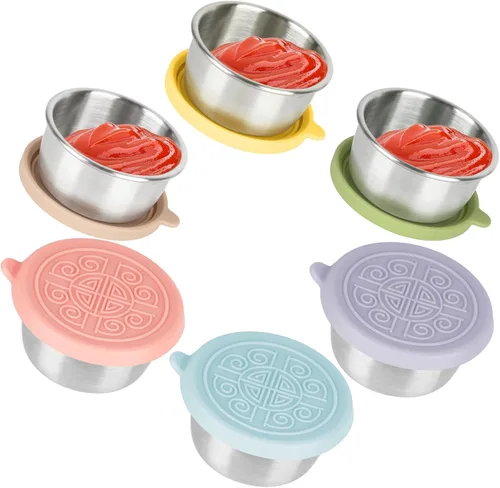 Vista 9 de 3 tazas de aderezo para ensalada de acero inoxidable de 1.6 onzas con tapa de silicona a prueba de fugas, recipiente de salsa reutilizable, caja