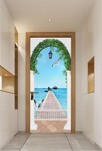 Vista 5 de artfanke Adhesivo 3D para Puerta Despegar y Pegar 30.3" x 78.7" - Papel Tapiz Autoadhesivo de Murales para Puerta - Paisaje Marino de Puente