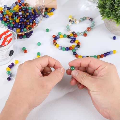 Vista 6 de Cuentas de piedra natural de 7 chakras de 0.394 pulgadas, 100 cuentas redondas de cristal, piedras preciosas sueltas, multicolor, mezcladas