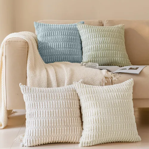 Vista 15 de Softalker Juego de 4 fundas de almohada de pana suave a rayas bohemias de 16 x 16 pulgadas, fundas decorativas modernas para sofá, dormitorio, sala