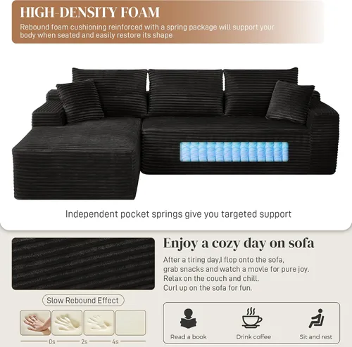 Vista 5 de Sofás seccionales sin hueso en forma de L de 108 pulgadas para sala de estar, moderno y cómodo sofá modular de pana comprimida de espuma