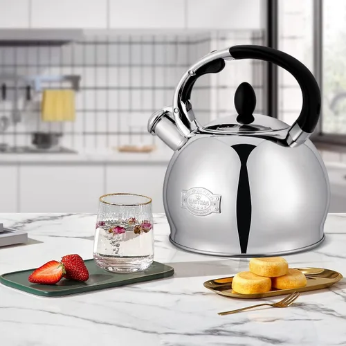 Vista 5 de SUSTEAS Tetera silbante para estufa, tetera de acero inoxidable de grado alimenticio con mango ergonómico de tacto fresco, con 1 guante de silicona
