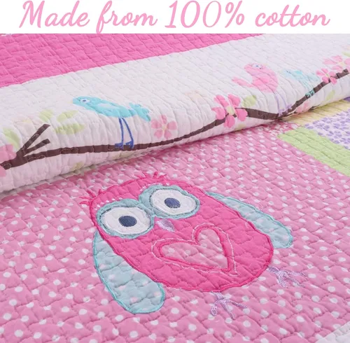 Vista 3 de Cozy Line Home Fashions Queen - Juego de edredón reversible de 7 piezas con bonito bordado de búho rosa, azul y verde, 100% algodón, colcha
