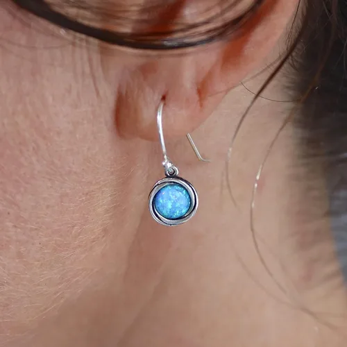 Vista 5 de Opal Earrings, Sterling Silver Dangle Earrings for women, Small round Blue Opal silver dangle earring, October Birthstone, Simple Opal earrings