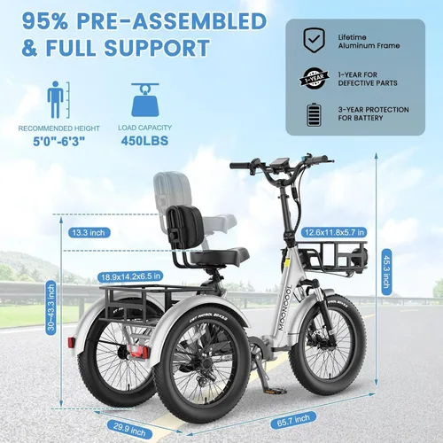 Vista 5 de MOONCOOL Foldable Electric Tricycle for Adults 1500W 48V 20Ah 75 Miles Range, Aluminum E-Trike with Rear View Mirrors Accessory Kit, Rear