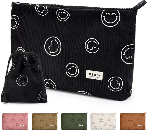 Vista 23 de WLLWOO - 2 bolsas de maquillaje de pana con cara sonriente, bolsa de cosméticos con cremallera interior impermeable, estuche para lápices, monedero