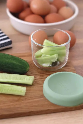 Vista 7 de BEABA Tarros de vidrio para alimentos para bebés de 5 onzas con tapas herméticas de silicona suave, recipientes de almacenamiento de vidrio