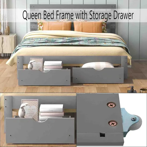 Vista 4 de Base de cama Queen con cajón de almacenamiento, base de cama de plataforma con cabecero, cámaras de base de colchón, soporte de listones de madera