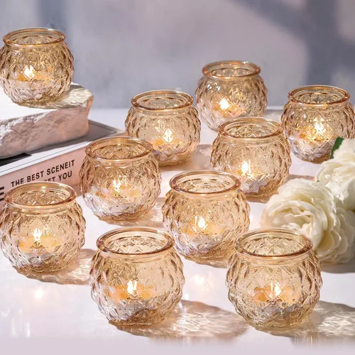 Vista 11 de DARJEN Juego de 24 portavelas votivas ámbar – Portavelas redondos de cristal para centro de mesa, velas de té para el hogar y decoraciones de boda