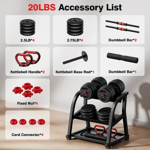 Vista 8 de Adjustable Dumbbell Set, 20/30/45/70/90lbs Free Weight Set With Double Locknut, 5-in-1 Dumbbells Set Includes Barbell, Kettlebells, Push up Stand