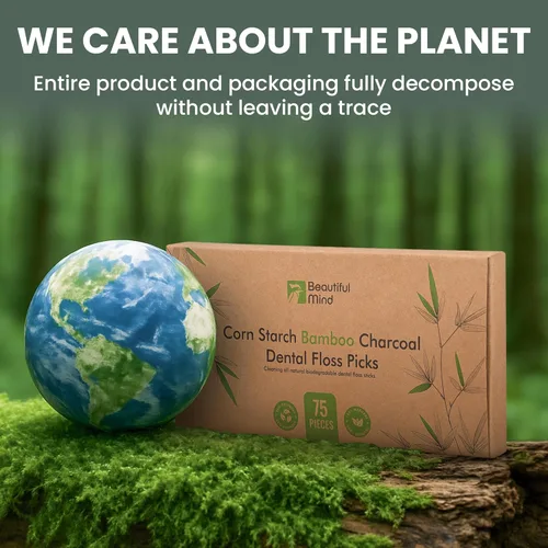 Vista 7 de Paquete de 75 palillos de hilo dental naturales – Palillos de hilo dental orgánicos biodegradables con hilo de carbón vegetal de bambú fuerte
