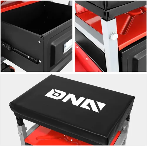 Vista 5 de DNA Motoring TOOLS-00198 - Taburete de asiento de rodillo mecánico de altura ajustable con cojín acolchado, cajón de almacenamiento de herramientas