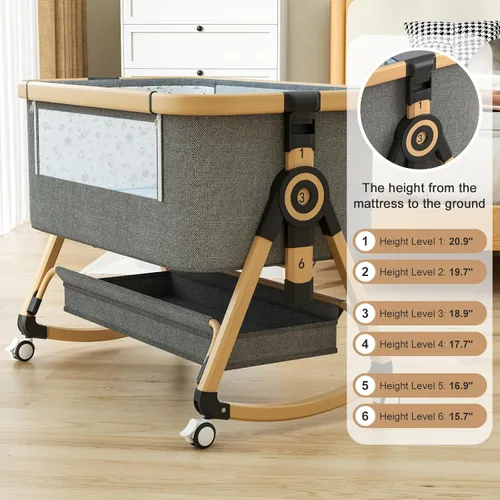 Vista 5 de whiffee Cuna 3 en 1 para bebé, moisés junto a la cama con cesta de almacenamiento y ruedas, cuna portátil con mosquitera, 6 alturas ajustables