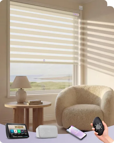 Vista 24 de Graywind Persianas motorizadas de cebra para ventanas, persianas inteligentes 100 % opacas con control remoto, persianas de cebra personalizadas