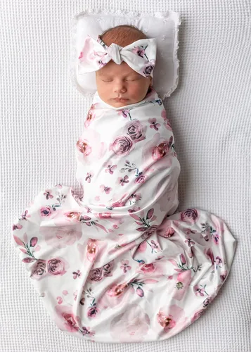 Vista 12 de Manta elástica con estampado floral para recién nacido, con diadema y gorro a juego (naranja y rosa)
