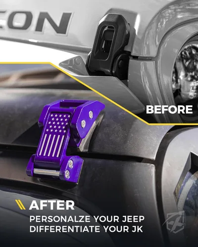 Vista 2 de Xprite Manijas de capó ajustables de aluminio morado con bandera de EE. UU., juego de cierres de capó compatibles con Jeep Wrangler JK JKU 2007-2018