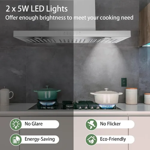 Vista 5 de ONEEON 30" Range Hood - 900 CFM Stainless Steel Wall Mount Kitchen Exhaust with 4 Speed Fan, LED Lights, Push Button, Ultra-thin Body, Chimney