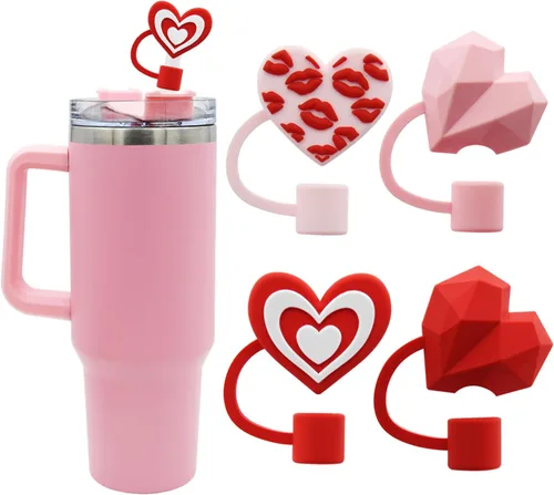 Vista 7 de Tapa con pajita para vaso Stanley, tapa superior con forma de corazón compatible con vasos térmico de 30 y 40 oz con asa, tapas para pajita de 10 mm