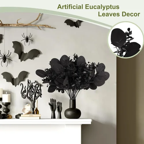 Vista 2 de ZeKonan 40 Piezas Tallos Artificiales de Eucalipto Negro, Ramas de Hojas de Eucalipto Falsas Ramo para Arreglos Florales DIY, Flores de Seda Negras