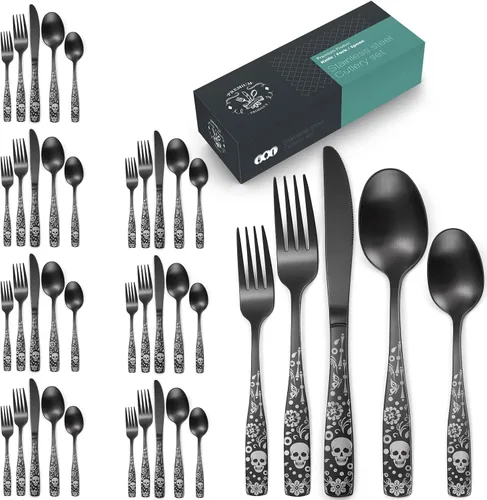 Vista 9 de OIULO Juego de cubiertos mate con patrón para 8, 40 piezas, diseño de calavera gótica, diseño único de flores de esqueleto, cuchillos con acabado