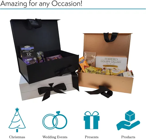 Vista 3 de PACK2PACK Caja de regalo plegable de lujo con cinta extraíble, caja plegable con cierre magnético, bodas, despedidas de soltera, regalos Negro/Blanco