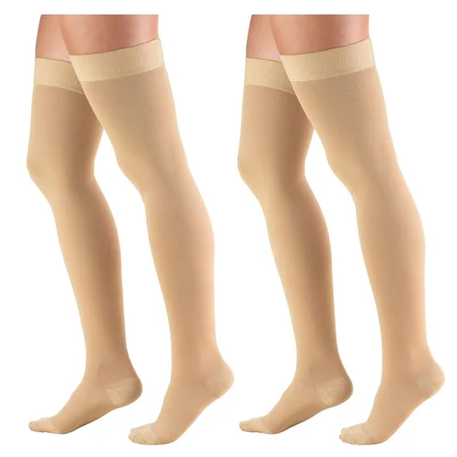 Truform Medias de compresión de 30-40 mmHg para hombres y mujeres, longitud alta hasta el muslo, parte superior de puntos, punta cerrada, beige, S