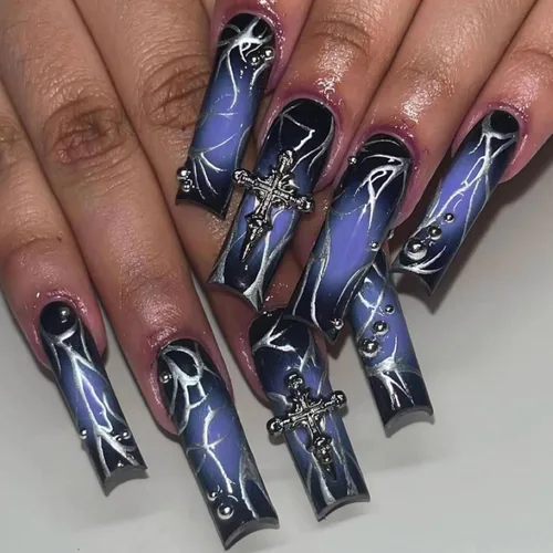 Vista 9 de BABALAL Uñas postizas cuadradas a presión, uñas postizas largas, punta francesa gris, pegamento en 3D, diseño metálico, uñas acrílicas góticas, 24