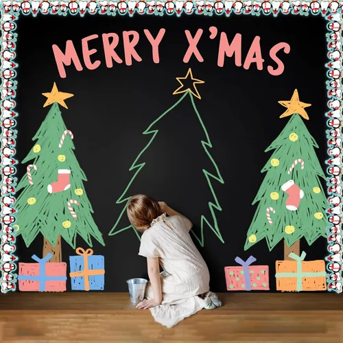 Vista 4 de Tablero de anuncios de Navidad de invierno de 63 pies, bordes de tablón de anuncios de pingüino de copo de nieve, decoración de tablero de anuncios