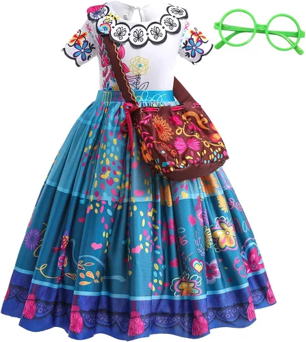 TPMG Mirabel Encanto - Disfraz de princesa para niñas Halloween 3T-12Y con gafas para fiestas de cumpleaños de niños juego de simulación