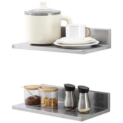 VEVOR Estante de pared de acero inoxidable, 8.6 x 16 pulgadas, paquete de 2 con protector contra salpicaduras, soporta 44 libras, ideal para cocina,