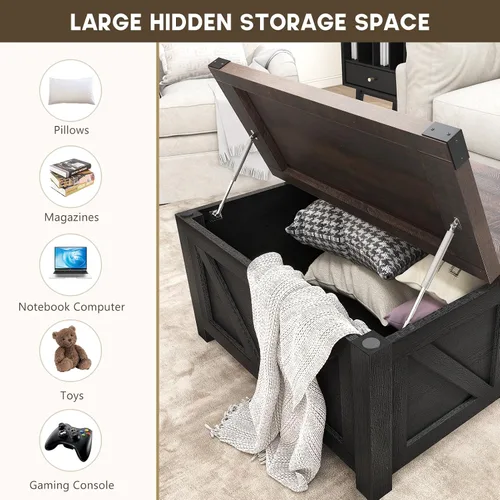 Vista 3 de jimeimen - Mesa de centro elevable de estilo granja con almacenamiento, mesa central cuadrada de madera con estación de carga y puerto USB, mesa