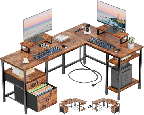 Vista 10 de Furologee Escritorio para computadora en forma de L con toma de corriente, escritorio reversible de oficina en casa para estudio de trabajo, mesa