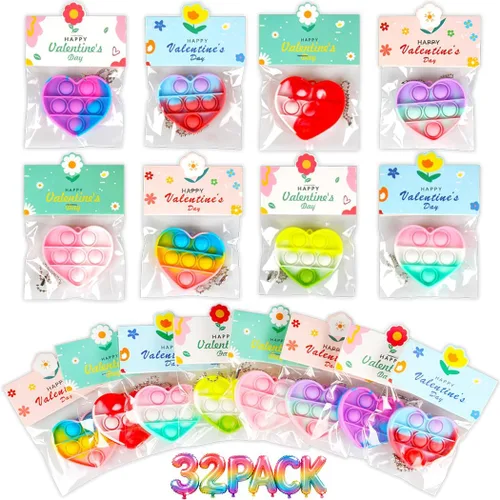 Paquete de 32 juguetes para ansiedad con forma de corazón para el día de San Valentín para niños, regalos a granel para el aula con llaveros y
