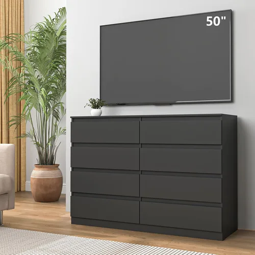 Vista 8 de Vibe & Dine Cómoda doble de 8 cajones, cómoda de madera moderna con amplio almacenamiento para armario, dormitorio, sala de estar, color negro